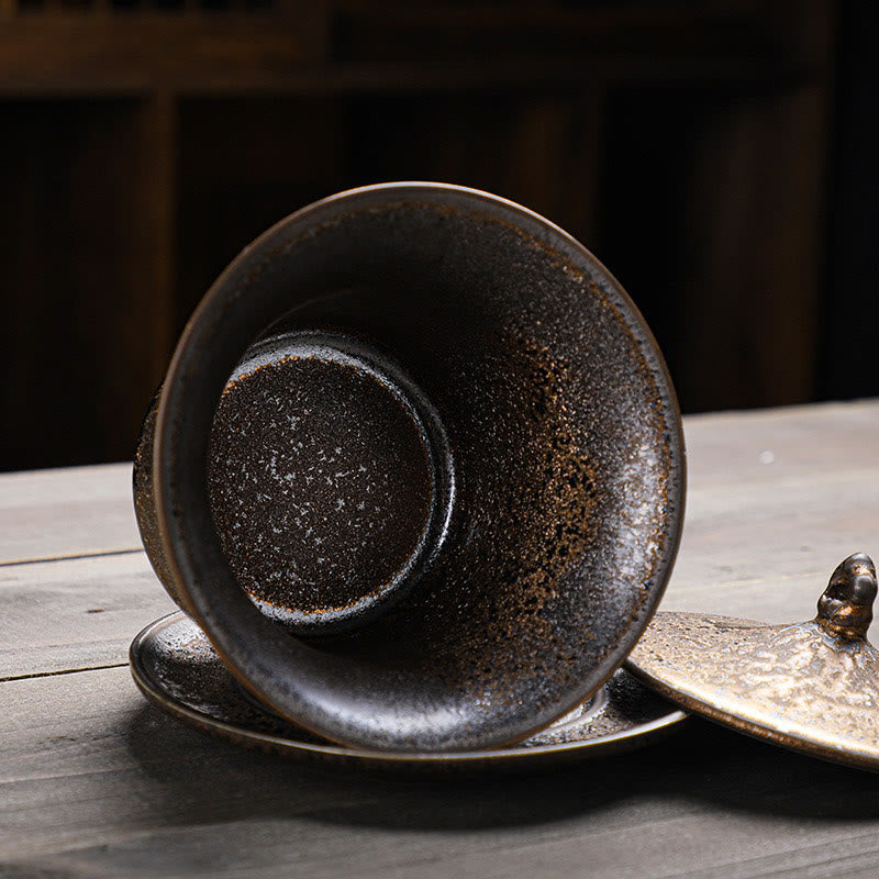 Buddha Stones Retro Rust Glaze Ceramic Gaiwan Sancai Tazza da tè Kung Fu Tazza da tè e piattino con coperchio
