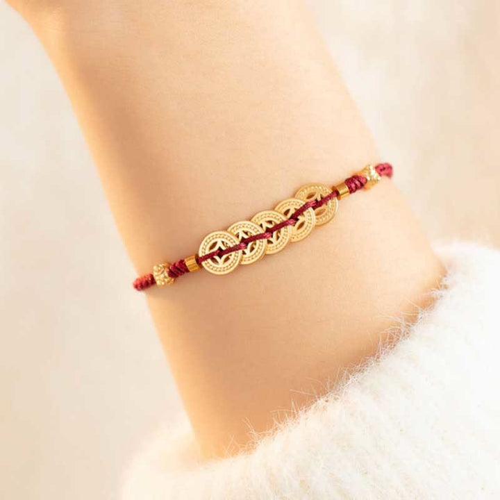Braccialetto intrecciato con monete di rame, albero della fortuna, forza e Buddha Stones