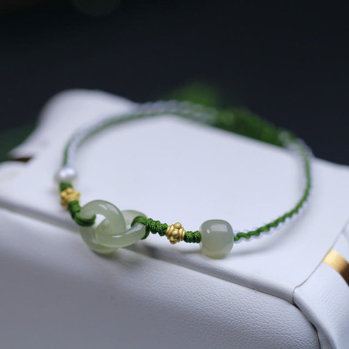 Bracciale intrecciato con fibbia a doppia pace in argento sterling 925 e giada di Hetian , Buddha Stones