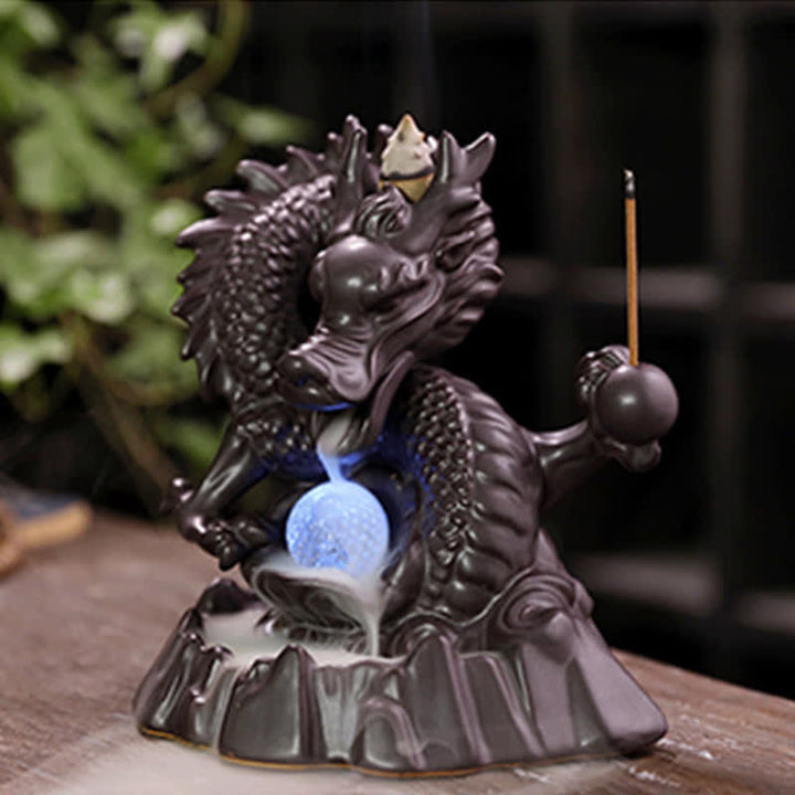 Buddha Stones Drago di buon auspicio Fontana di fumo a riflusso in ceramica Bruciatore di incenso di guarigione Meditazione Decorazione a sfera a LED