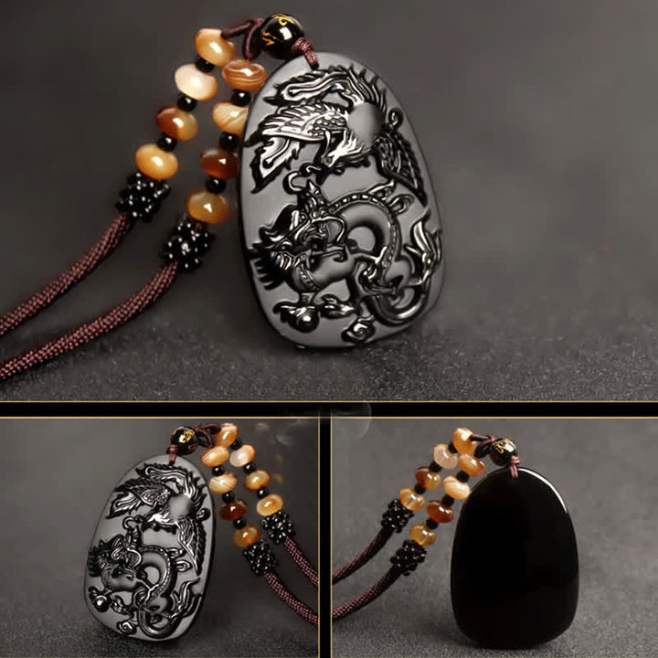 Collana con ciondolo di perline di protezione in ossidiana nera con occhio di tigre, drago e fenice - image 5