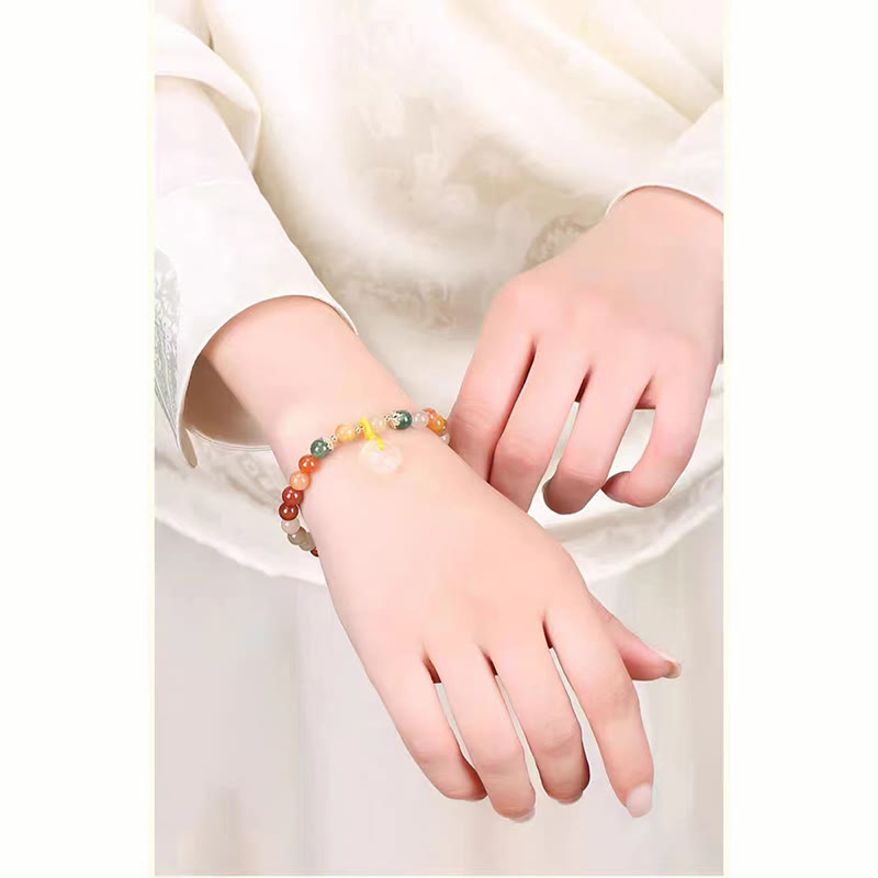 Bracciale Buddha Stones placcato oro 14K, giada di seta dorata colorata, fibbia della pace, ricchezza