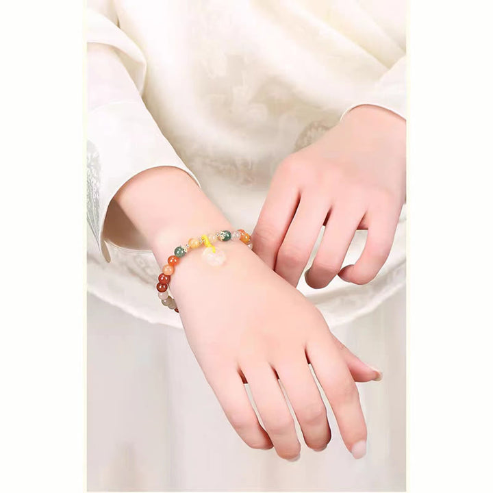 Bracciale Buddha Stones placcato oro 14K, giada di seta dorata colorata, fibbia della pace, ricchezza