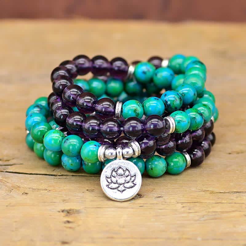 Braccialetto con ciondolo spirituale di loto, ametista, avventurina verde e Buddha Stones - Avventurina ametista e verde - image 0