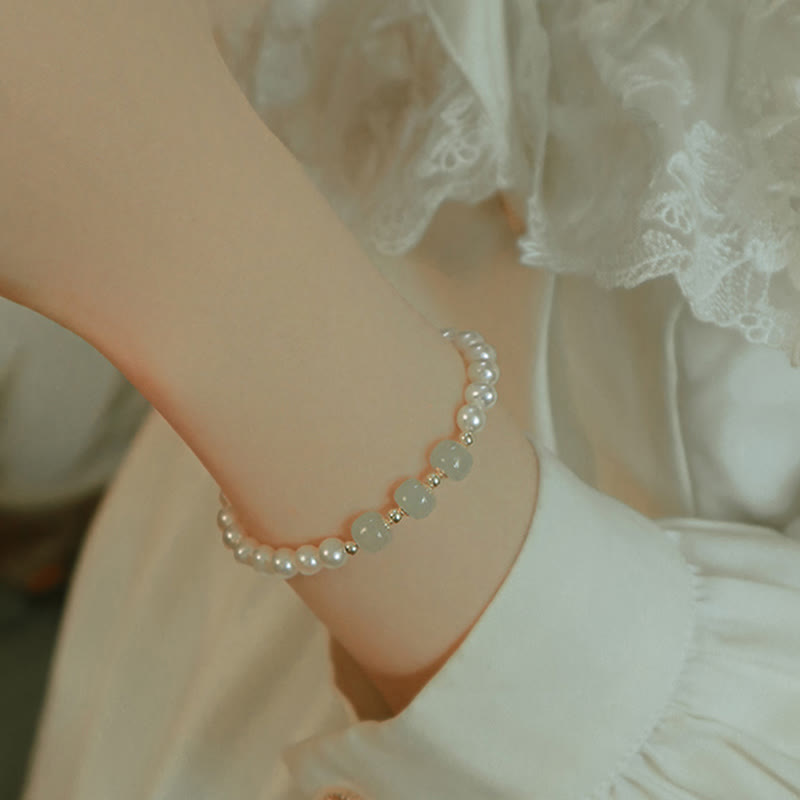 Braccialetto a catena con perle di sincerità in giada bianca e giada ciano di Hetian, placcato in oro 14K