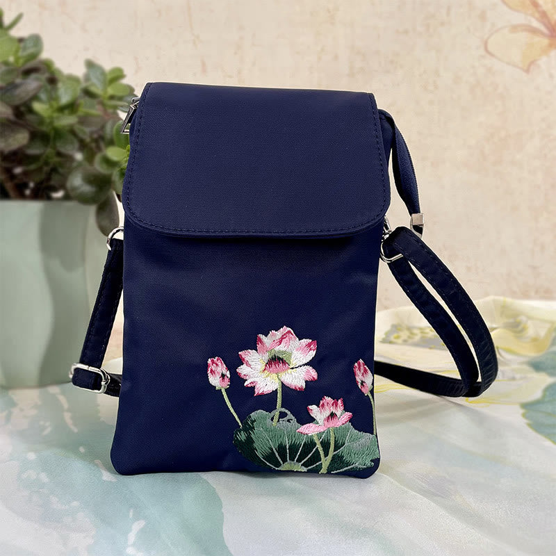 Borsa a tracolla con fiori di loto ricamati a mano, impermeabile , Buddha Stones , borsa per cellulare