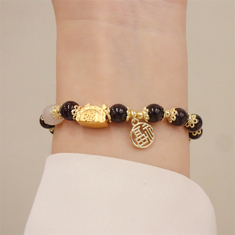 Buddha Stones Anno del Drago Agata Rossa Quarzo Fragola Ossidiana Nera Giada Granato Perla Cinabro Drago Gnocco Fortuna Fu Bracciale Personaggio - image 16