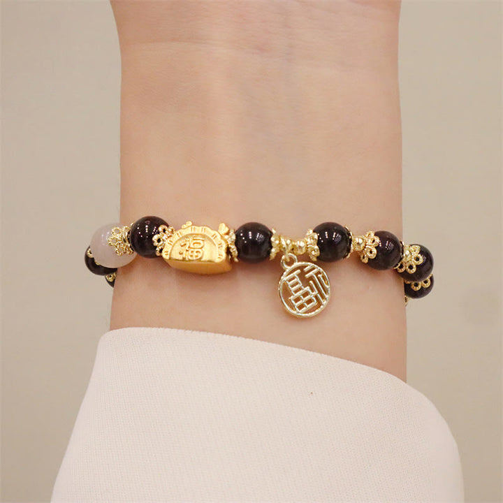 Buddha Stones Anno del Drago Agata Rossa Quarzo Fragola Ossidiana Nera Giada Granato Perla Cinabro Drago Gnocco Fortuna Fu Bracciale Personaggio - image 16