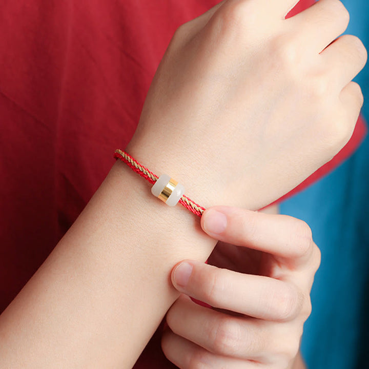 Bracciale intrecciato con carattere Om Mani Padme Hum Fu in giada bianca Hetian con Buddha Stones in oro 999