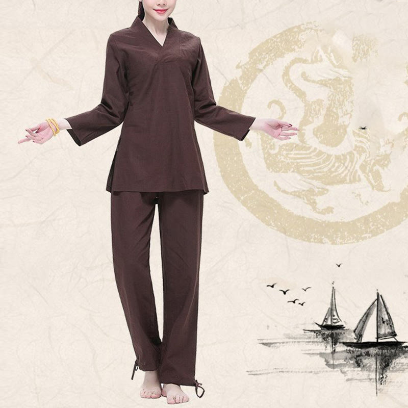 Buddha Stones Zen Pratica Yoga Meditazione Preghiera Scollo a V Design Uniforme Cotone Lino Abbigliamento Donna Set - image 13