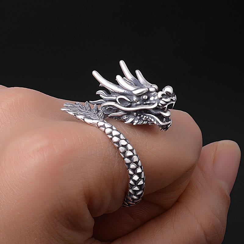 Anello regolabile Buddha Stones 990 Sterling Silver Vintage Dragon Design Luck Protection Strength