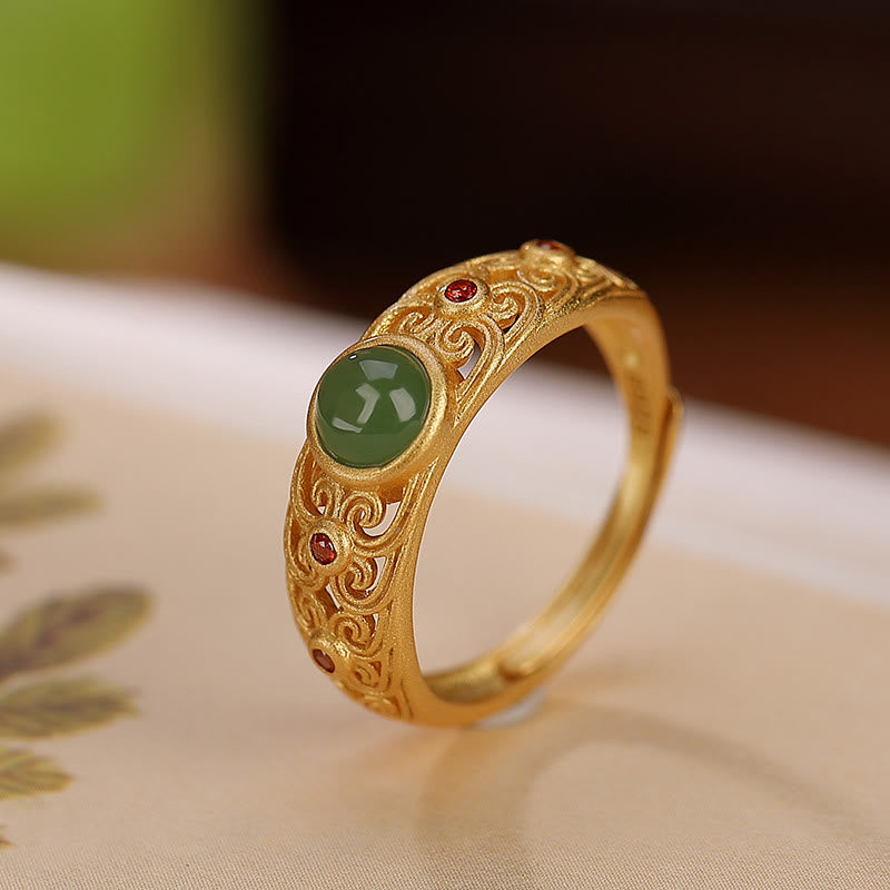 Anello regolabile in argento sterling 925 Buddha Stones e giada ciano Hetian Harmony