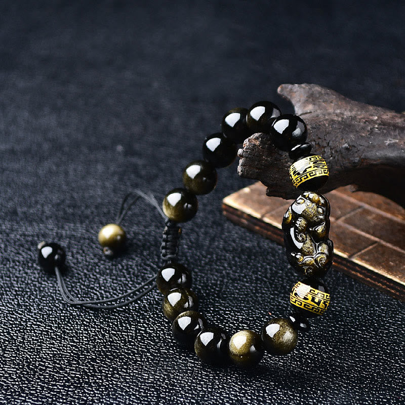 Bracciale intrecciato con Buddha Stones, lucentezza naturale dell'oro, ossidiana, PiXiu Om Mani Padme Hum, ricchezza