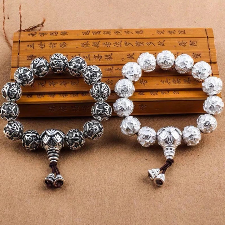 Braccialetto amuleto con perline in lega intagliata , Buddha Stones tibetane Om Mani Padme Hum