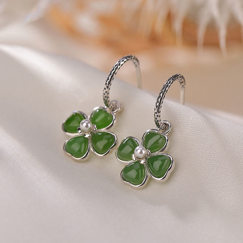 Orecchini Buddha Stones in argento sterling 925 con giada ciano naturale e quadrifoglio, fortuna e successo