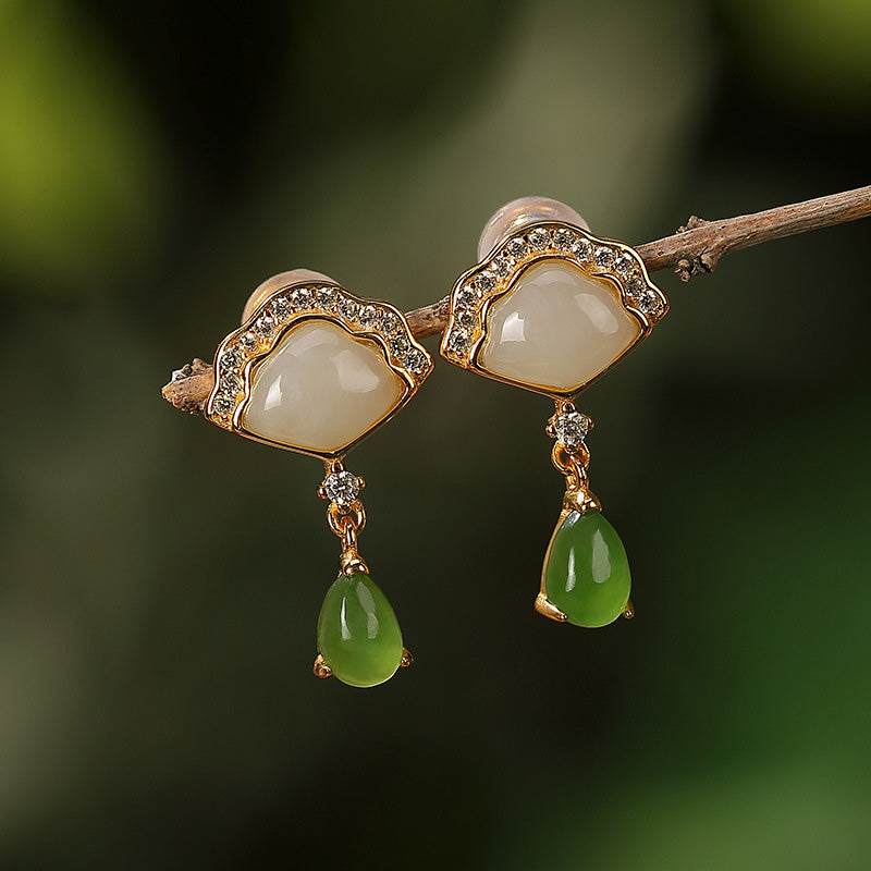 Orecchini pendenti con motivo a goccia d'acqua, motivo a ventaglio di giada Buddha Stones , giada bianca, fortuna - Giada bianca e giada ciano - image 0