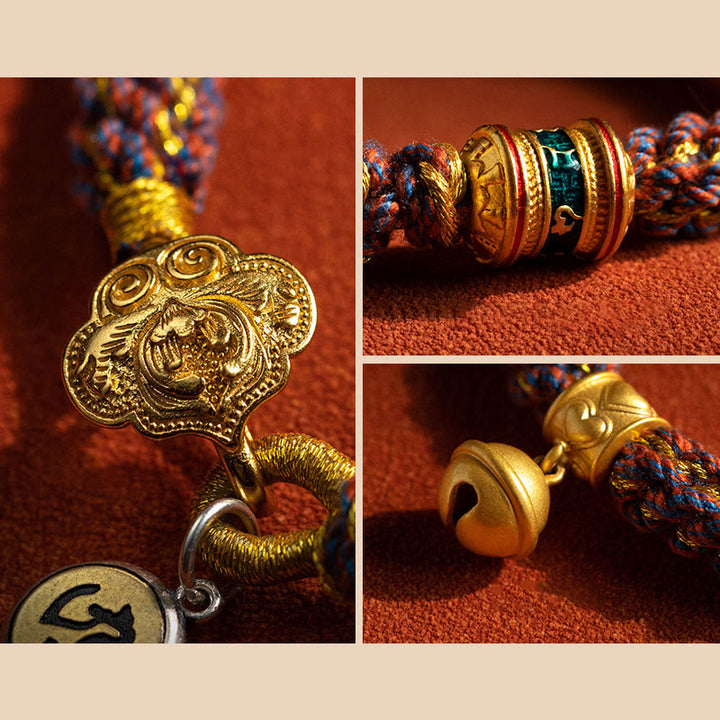 Buddha Stones con corda intrecciata in argento sterling 925 con ciondolo a forma di campana della fortuna, simbolo dello zodiaco cinese, Buddha natale Om Mani Padme Hum