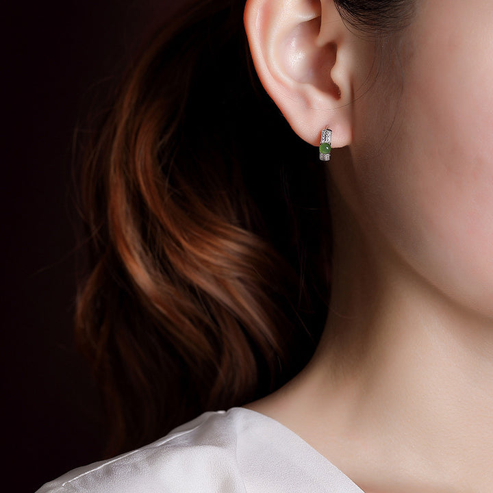 Orecchini a bottone rotondi in argento sterling 925 con Buddha Stones e giada ciano