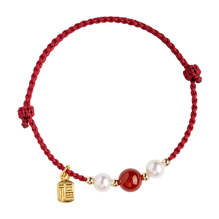 Braccialetto intrecciato in corda rossa con perle di agata e carattere Fu in argento sterling 925 con pietre Buddha Stones