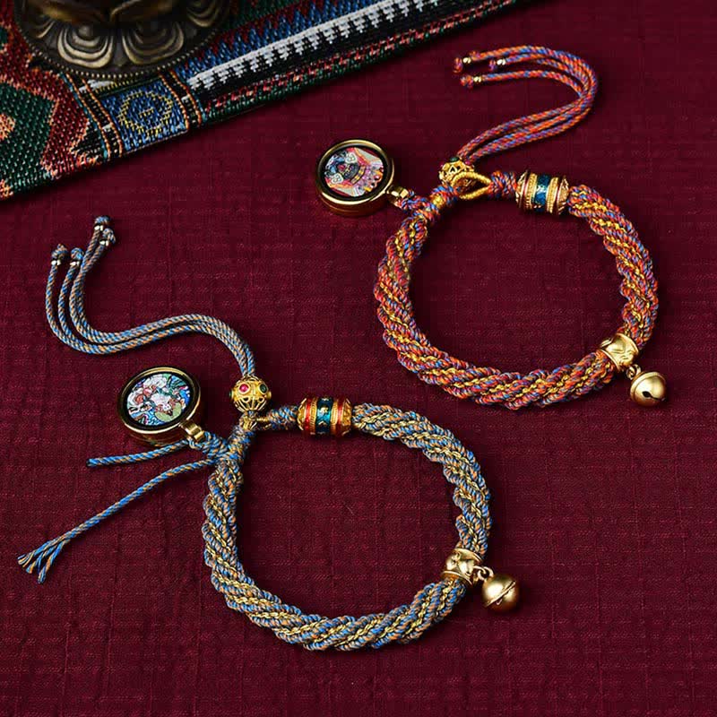 Braccialetto con ciondolo a forma di campana della ruota di preghiera tibetana, fatto a mano, con protezione dalla fortuna, Thangka