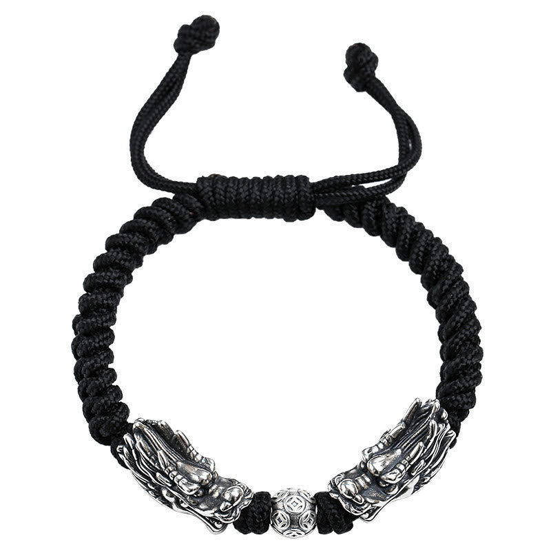 Bracciale intrecciato fatto a mano con doppio drago in argento sterling 999 Buddha Stones