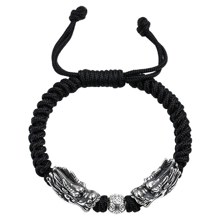 Bracciale intrecciato fatto a mano con doppio drago in argento sterling 999 Buddha Stones