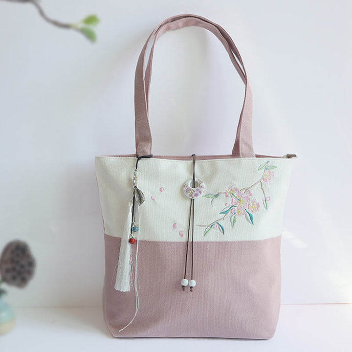 Borsa a tracolla grande capacità in tela con ricamo in bambù, prugna, fiore di pera, pesco