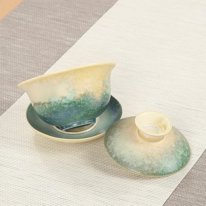 Buddha Stones Green Ocean Waves Design Porcellana Ceramica Gaiwan Sancai Tazza da tè Kung Fu Tazza da tè e piattino con coperchio
