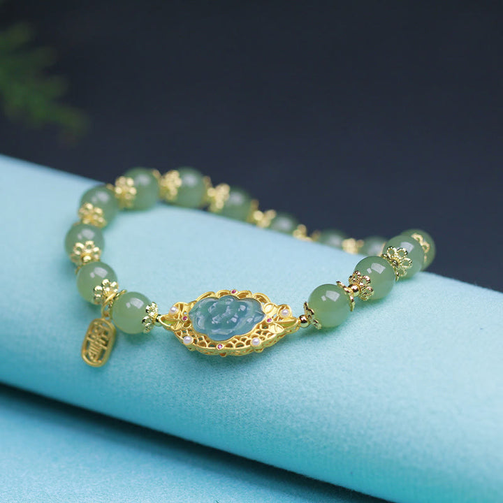Braccialetto portafortuna in giada Hetian Lotus in argento sterling 925 placcato oro 14K