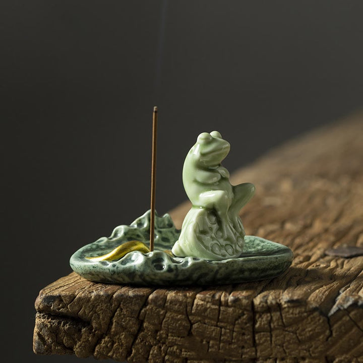 Buddha Stones Foglia Meditazione Rana Modello Guarigione Ceramica Bruciatore Incenso Decorazione