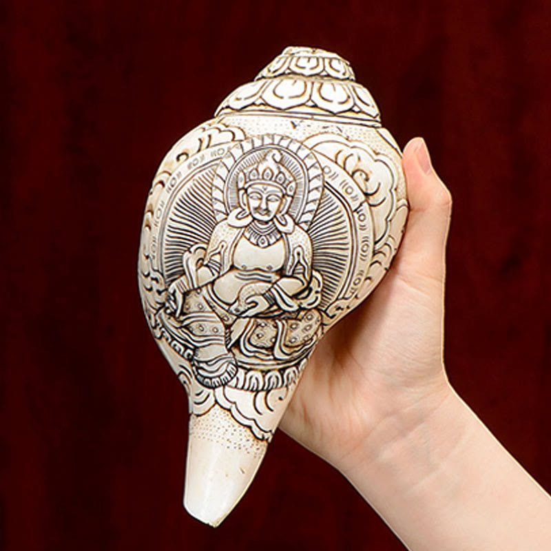 Decorazione di ricchezza di conchiglia di conchiglia di Avalokitesvara Buddha tibetano inciso a mano Shankha