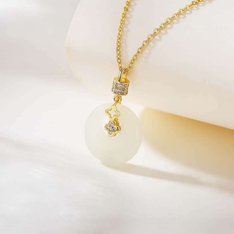 Buddha Stones 925 Sterling Silver Hetian Giada Bianca Moneta Fiore Pace Fibbia Collana Pendente Fortuna