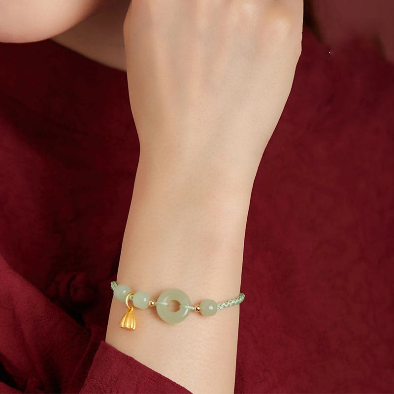 Braccialetto con corda Buddha Stones Round Peace Buckle Jade Lotus Happiness Abbondanza Ricchezza