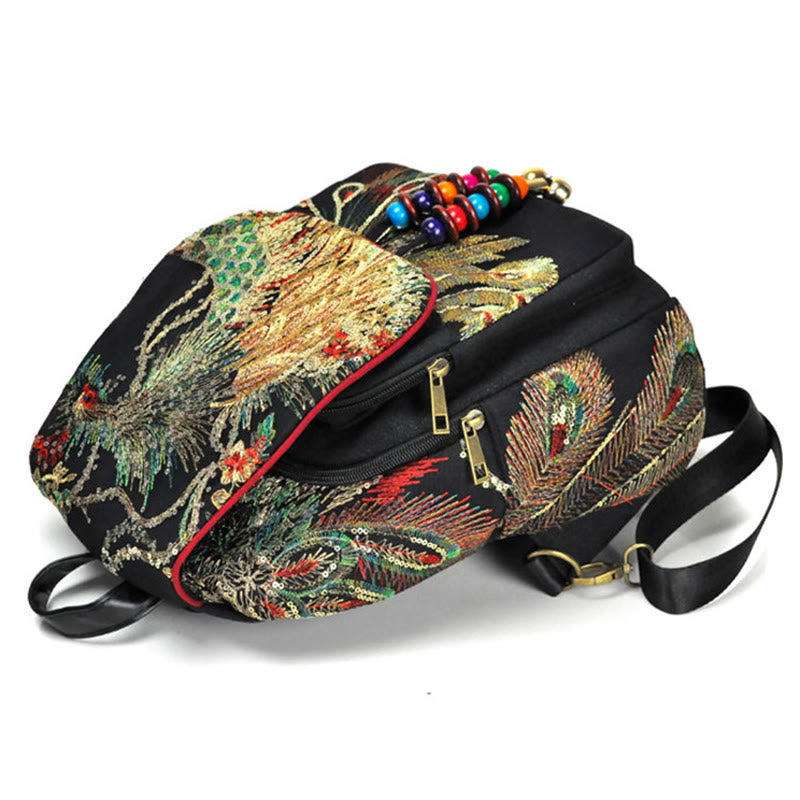 Zaino in tela con nappa e ricamo di pavone Buddha Stones