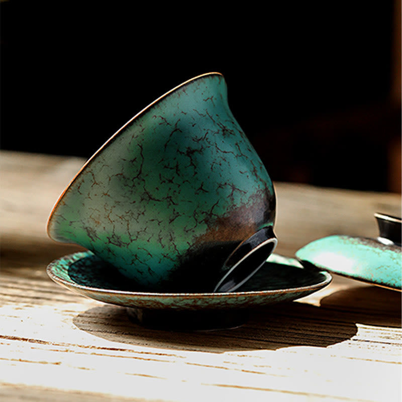 Buddha Stones Retro Green Glaze Ceramic Gaiwan Sancai Tazza da tè Kung Fu Tazza da tè e piattino con coperchio