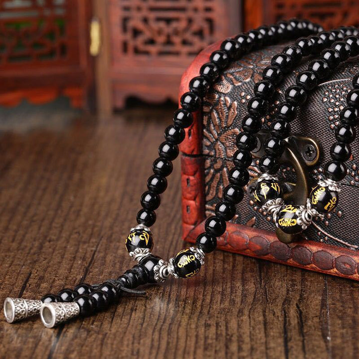 Bracciale Mala di protezione con sei vere parole in ossidiana nera Buddha Stones
