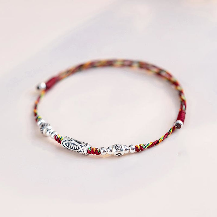Buddha Stones 925 Sterling Silver Luck Koi Fish Braccialetto alla caviglia intrecciato con corda colorata - image 2