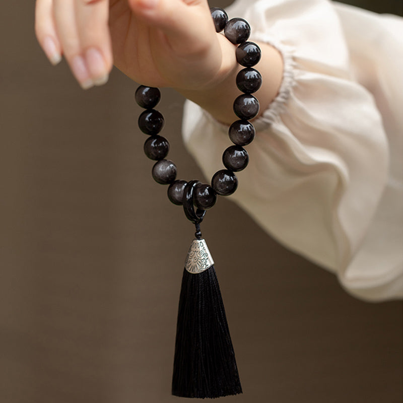Buddha Stones Argento naturale Ossidiana lucida Ossidiana nera Leone Mala da polso Protezione Nappe Mala tascabile Decorazione per auto