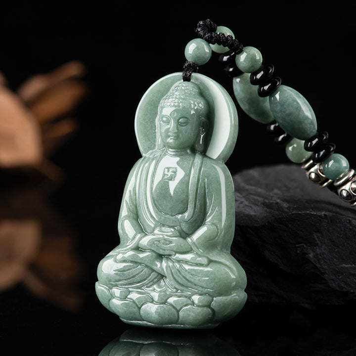 Buddha Stones Amitabha Buddha Amuleto di Giada Collana di Corda della Compassione