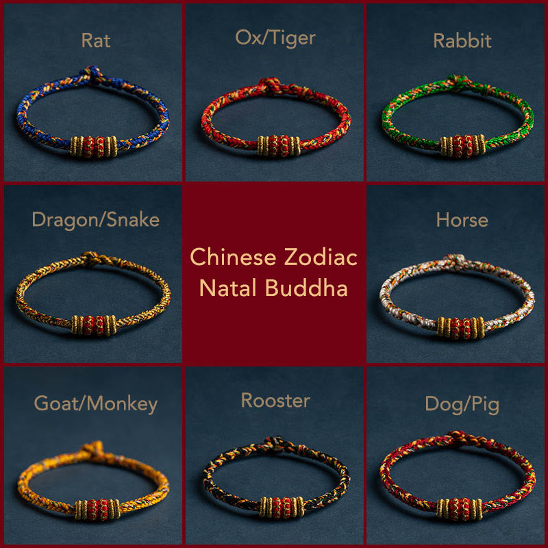 Buddha Stones Tibet Fatto a mano Zodiaco cinese Buddha natale Fortuna Forza Braccialetto di corda intrecciata