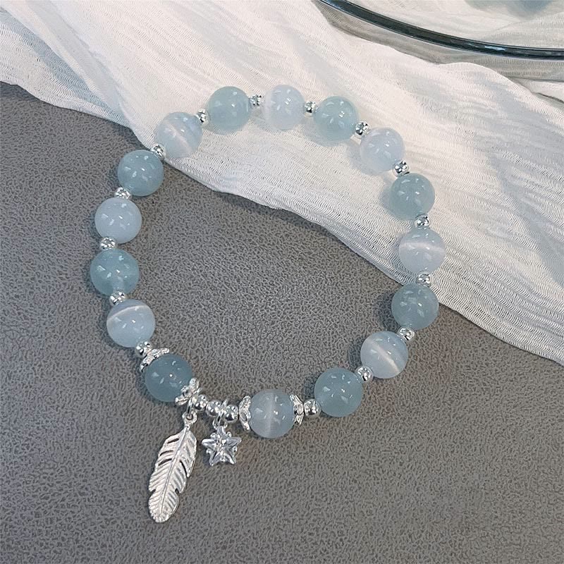 Bracciale con ciondolo a forma di stella di piuma con occhio di gatto e acquamarina in argento sterling 925 Buddha Stones