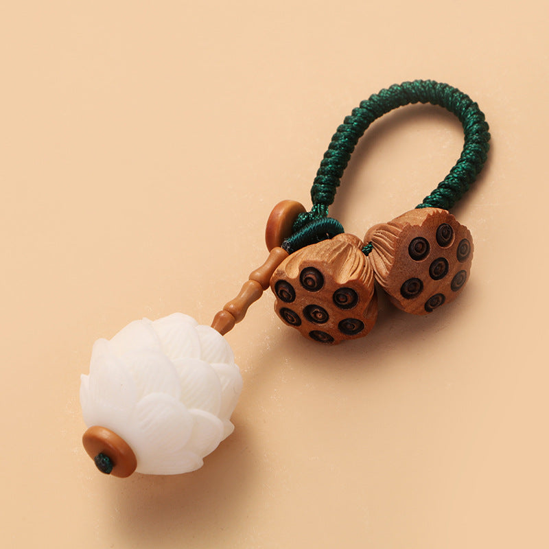 Buddha Stones Loto Naturale Bianco Bodhi Seme Legno di Pesca Fortuna Portachiavi Decorazione - image 2