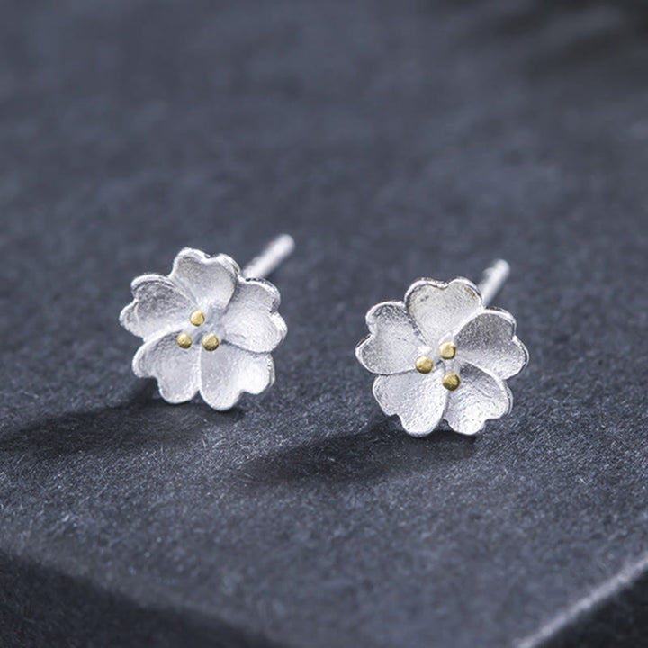 Orecchini a bottone Buddha Stones in argento sterling 925 con fiori di ciliegio e motivo floreale calmo