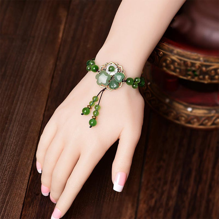 Braccialetto con fiori pendenti in giada verde naturale Buddha Stones Luck