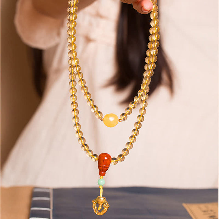 Braccialetto con ciondolo in argento sterling 925, 108 perline Mala, citrino naturale, agata rossa, ambra e piacere
