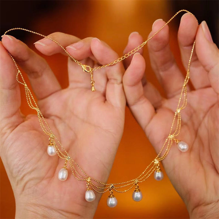 Collana con ciondolo multistrato di perle curative placcate in oro 14K vintage