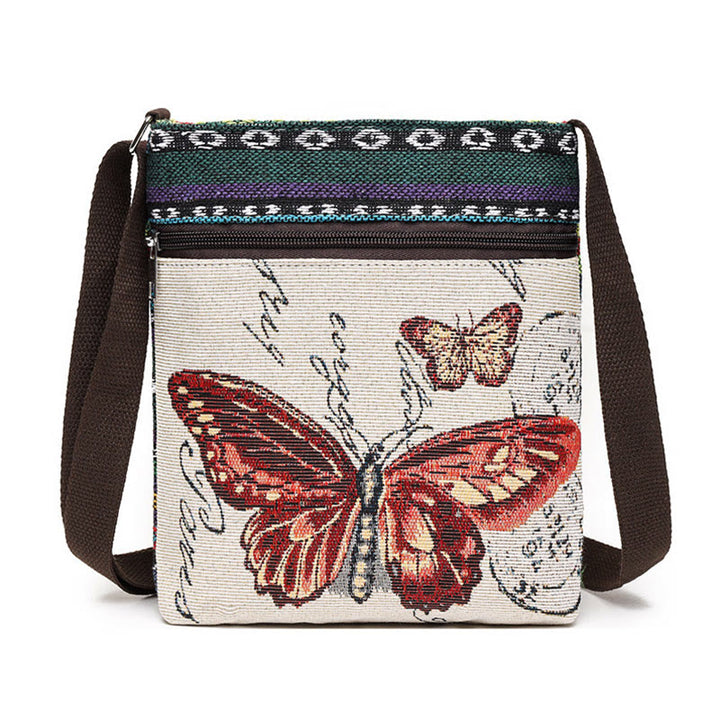 Borsa a tracolla in tela ricamata con elefante e farfalla, motivo Buddha Stones