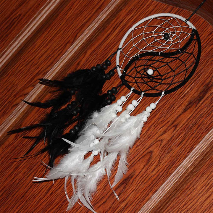 Acchiappasogni Yin Yang Rete circolare con piume Decorazione di equilibrio