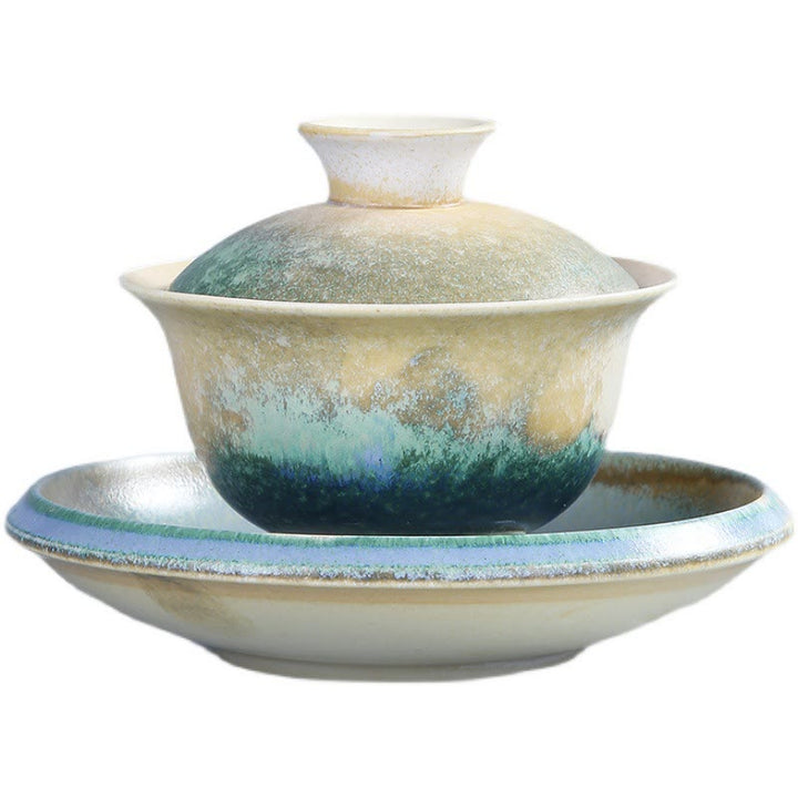 Buddha Stones Green Ocean Waves Design Porcellana Ceramica Gaiwan Sancai Tazza da tè Kung Fu Tazza da tè e piattino con coperchio