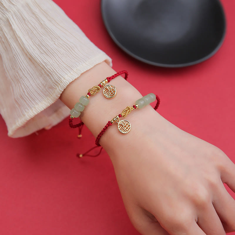 Braccialetto con corda rossa con ciondolo a forma di carattere Fu, con perline di giada lavorate a mano Buddha Stones